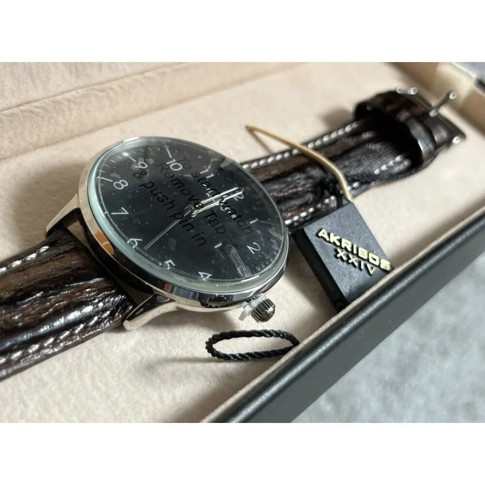 Akribos XXIV Men’s Retro Black Dial Watch w/ Date Window Leather Strap AK715SSB